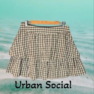 Urban Social Womens 2 Tiered Skirt Sz L Black & Tan Plaid  Side Zip Summer Days